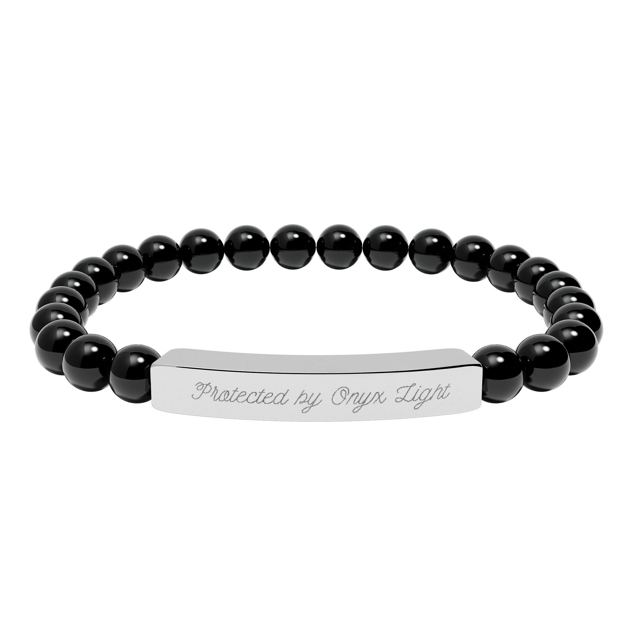 “Protected by Onyx Light” Engraved Onyx Stretch Bar Bracelet