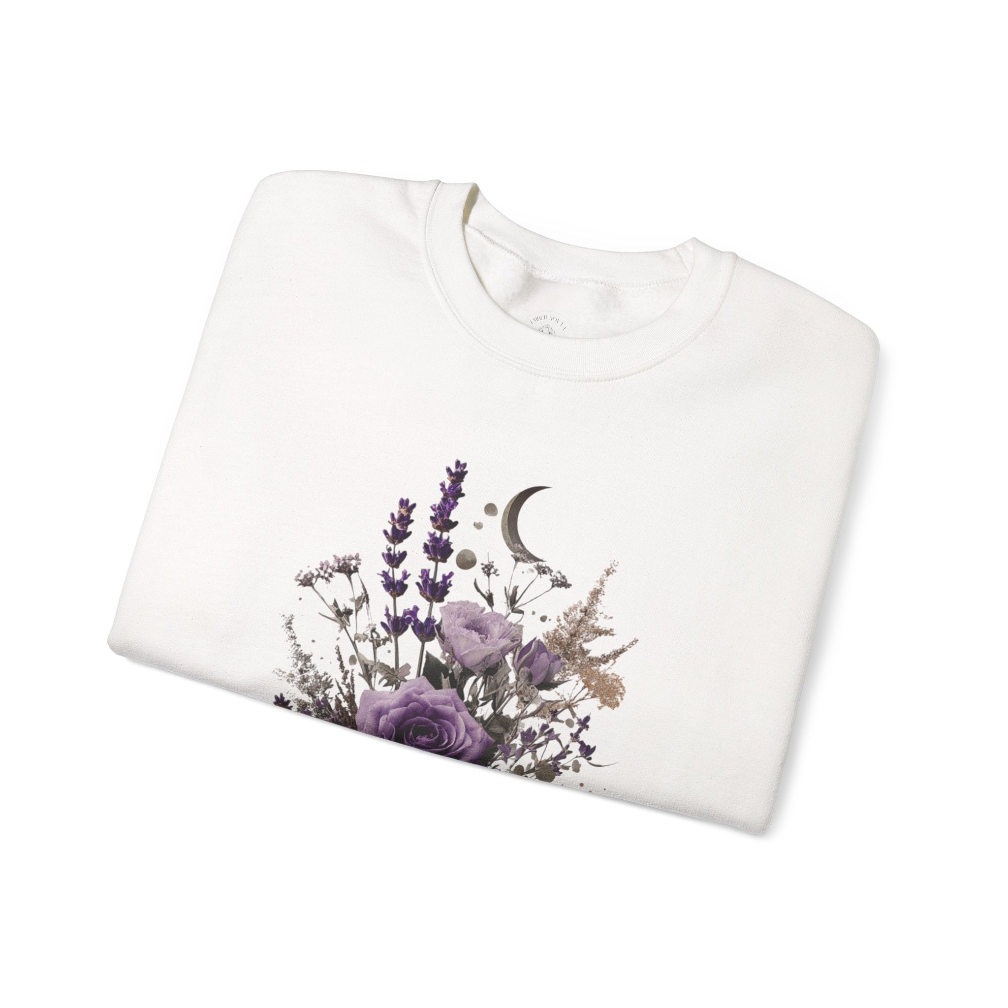 Floral Moon & Mushrooms Sweatshirt — Purple Rose Botanical Crewneck