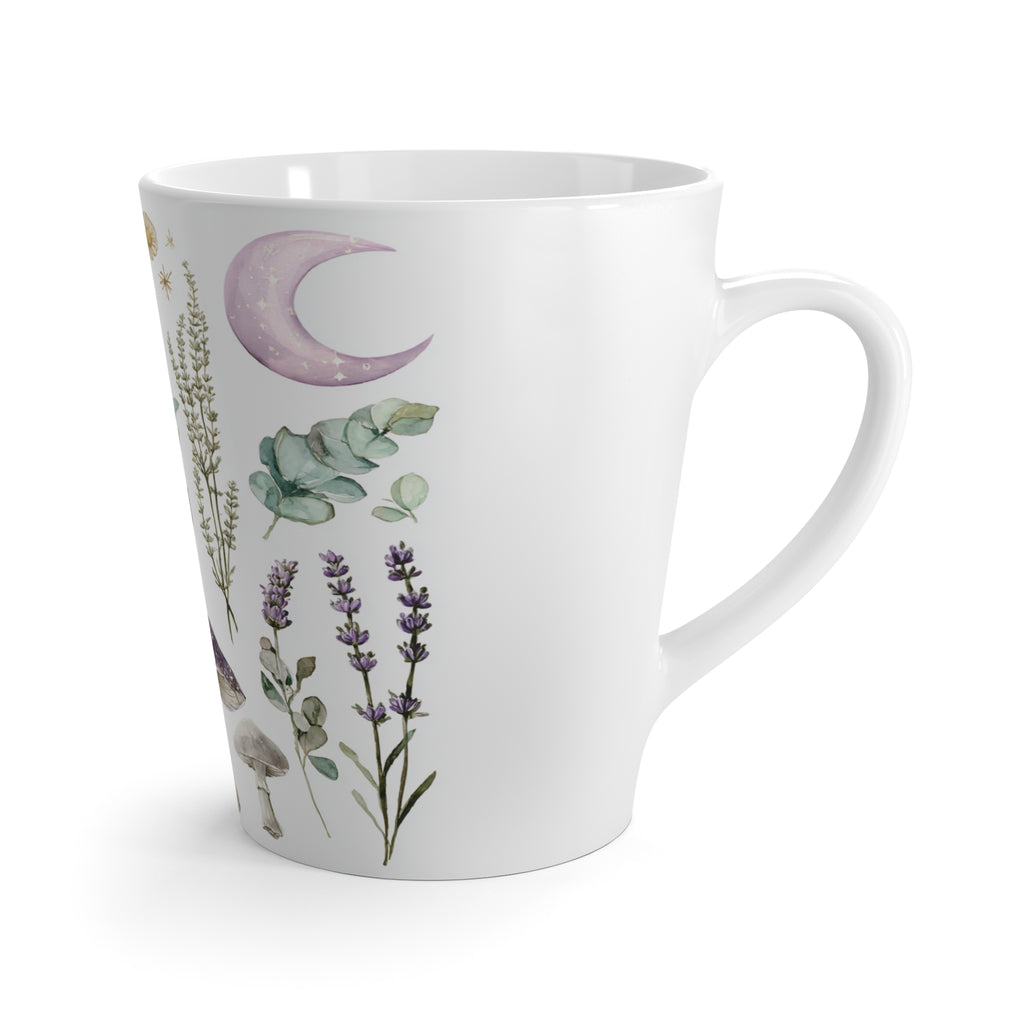 Botanical Moon Latte Mug — Lavender Roses, Mushrooms & Crescent Moon Coffee Cup