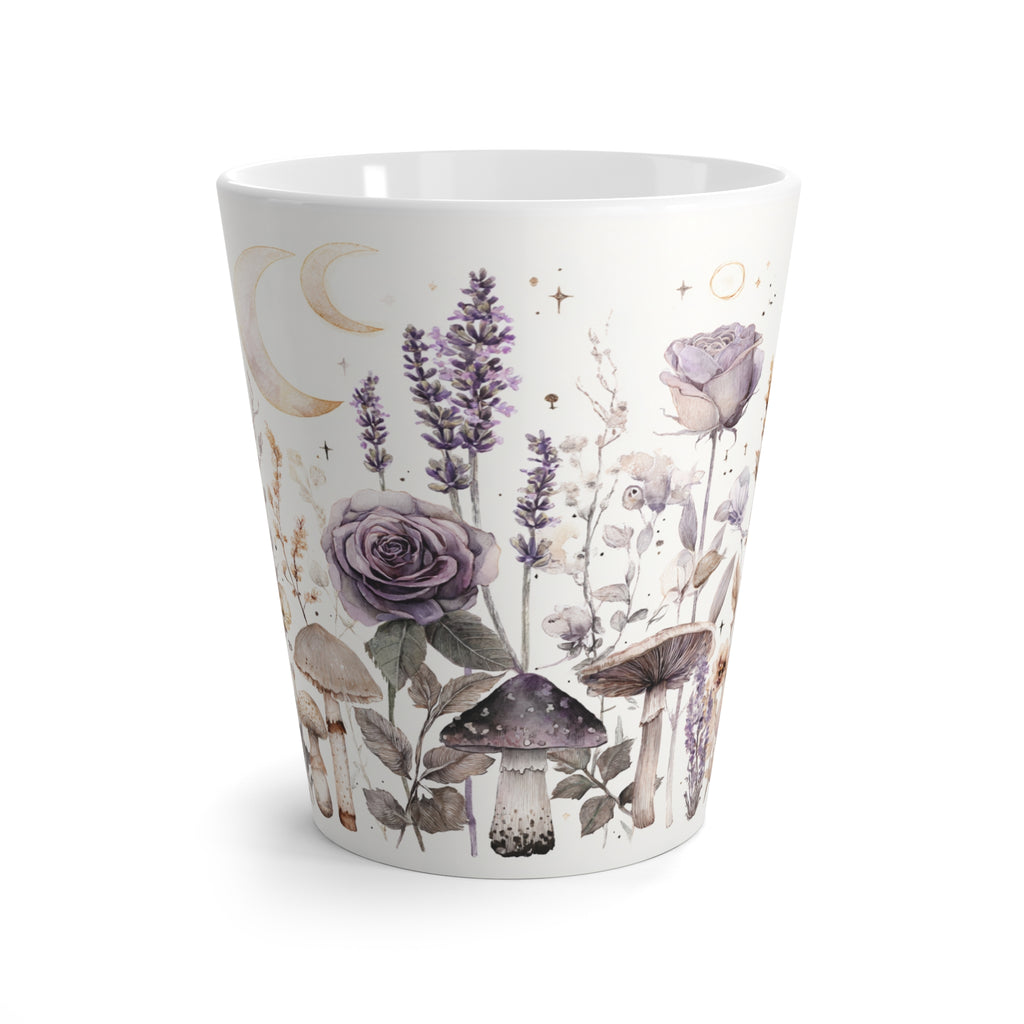 Mystic Wildflower Latte Mug — Lavender Roses, Mushrooms & Crescent Moon Ceramic Mug
