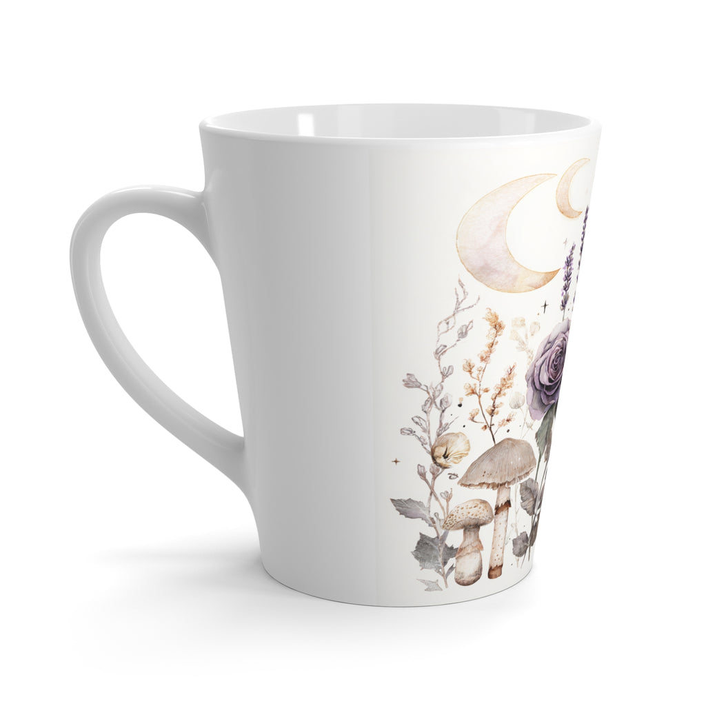 Mystic Wildflower Latte Mug — Lavender Roses, Mushrooms & Crescent Moon Ceramic Mug