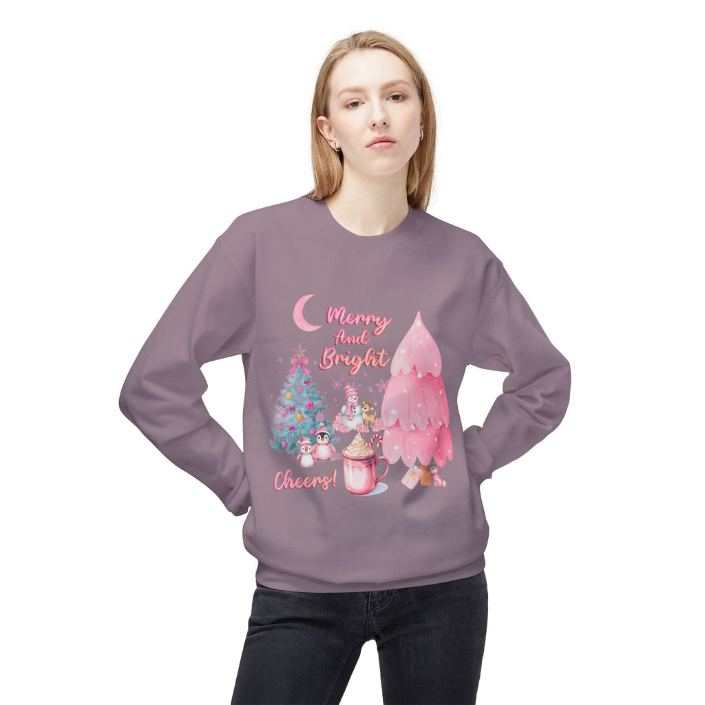 Christmas Crewneck Sweatshirt - "Merry and Bright" Pink Holiday Tree & Cocoa Design
