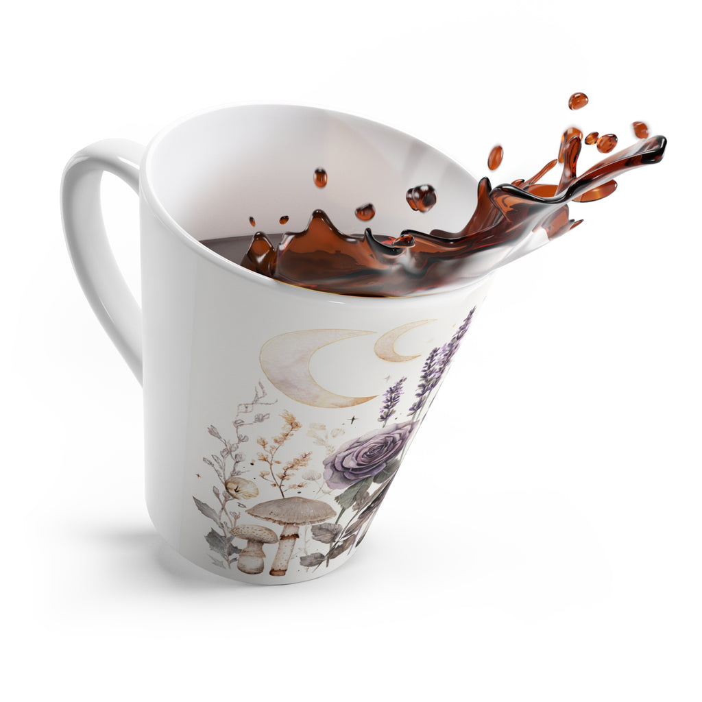 Mystic Wildflower Latte Mug — Lavender Roses, Mushrooms & Crescent Moon Ceramic Mug