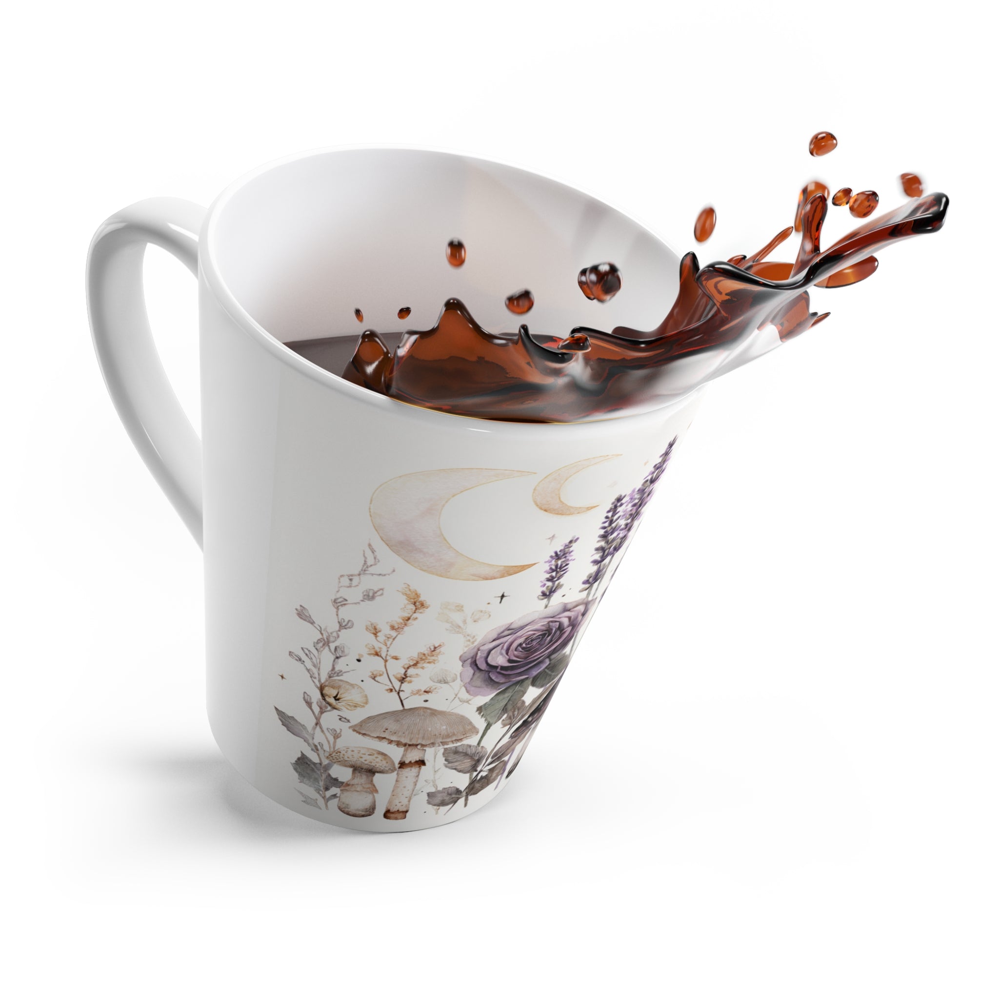 Mystic Wildflower Latte Mug — Lavender Roses, Mushrooms & Crescent Moon Ceramic Mug
