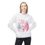 Christmas Crewneck Sweatshirt - "Merry and Bright" Pink Holiday Tree & Cocoa Design