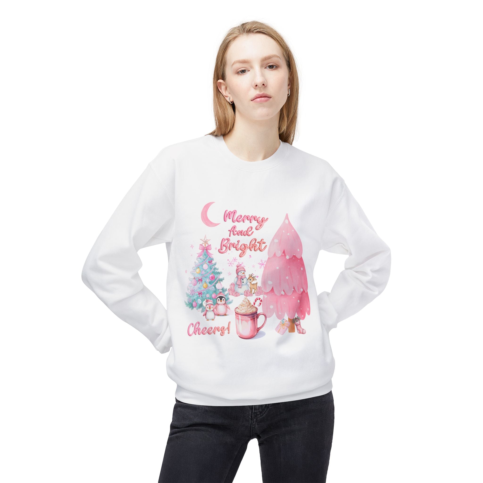 Christmas Crewneck Sweatshirt - "Merry and Bright" Pink Holiday Tree & Cocoa Design